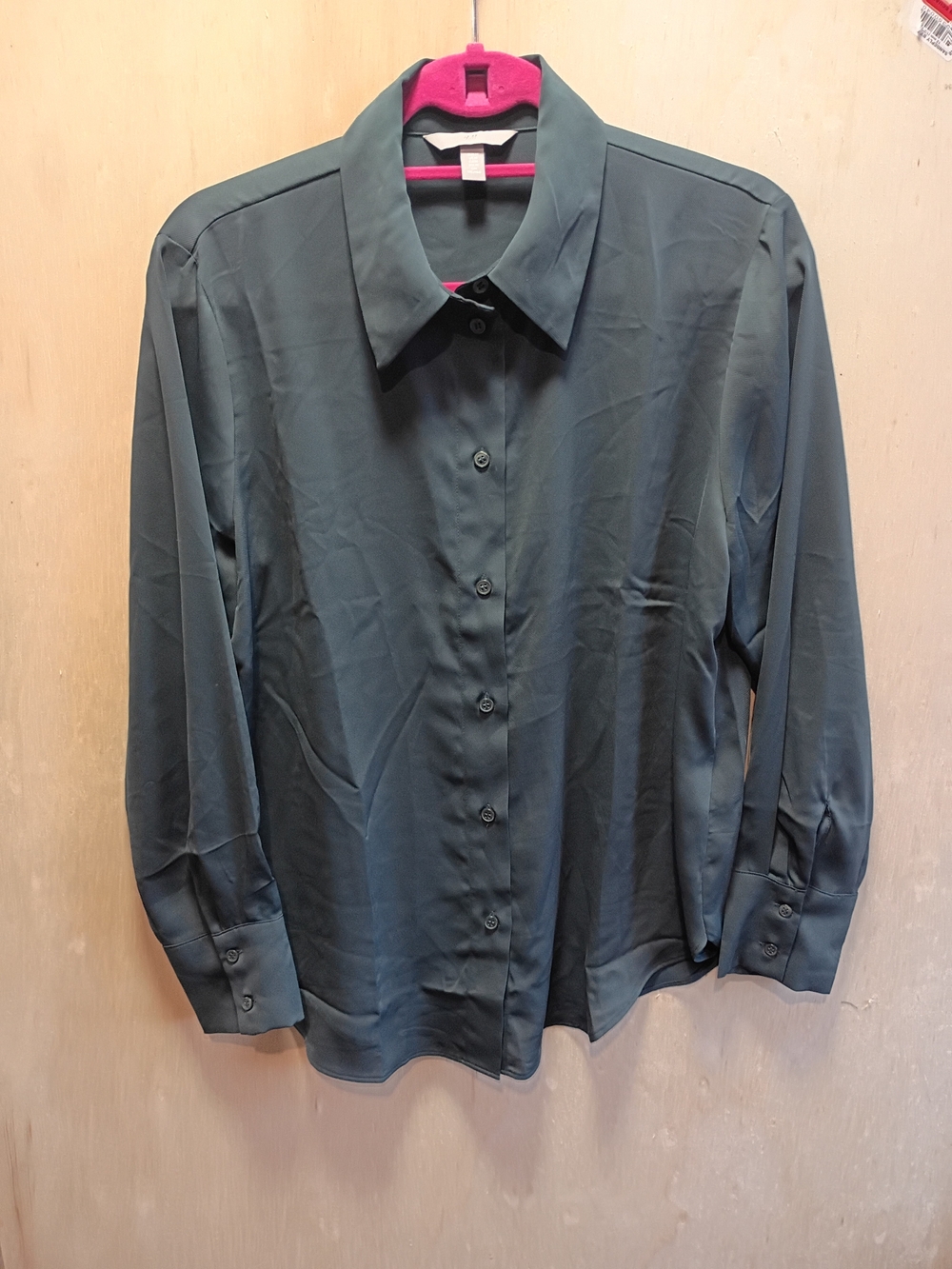 H&M Dark Teal Long-Sleeve Button-Up Blouse